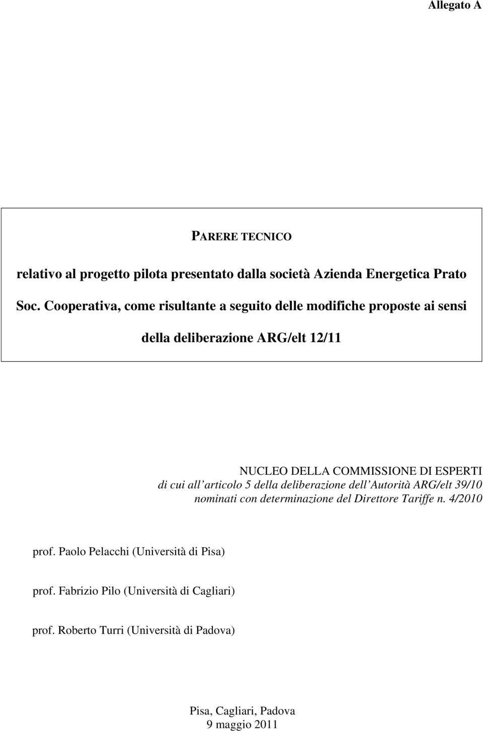 ESPERTI di cui all articolo 5 della deliberazione dell Autorità ARG/elt 39/10 nominati con determinazione del Direttore Tariffe n.