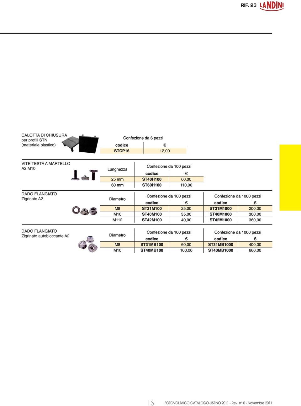 ST42M100 40,00 ST42M1000 360,00 Diametro Confezione da 1000 pezzi M8 ST31MB100 60,00 ST31MB1000