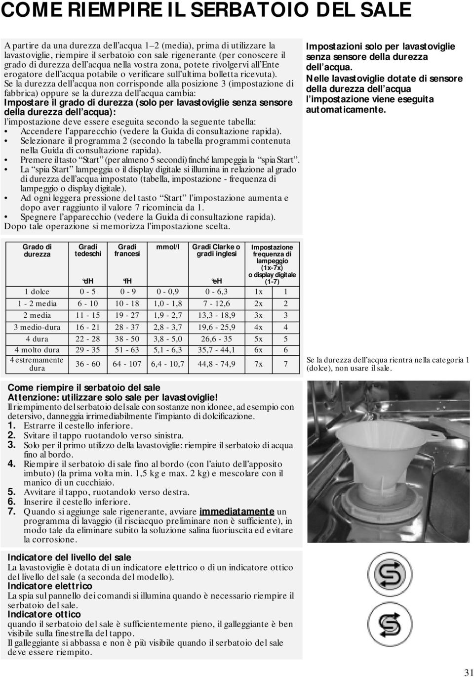 Se la durezza dell acqua non corrisponde alla posizione 3 (impostazione di fabbrica) oppure se la durezza dell acqua cambia: Impostare il grado di durezza (solo per lavastoviglie senza sensore della