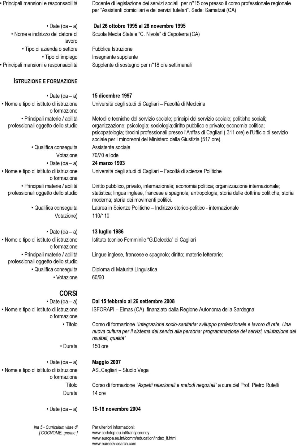 Nivola di Capoterra (CA) Tipo di azienda o settore Pubblica Istruzione Tipo di impiego Insegnante supplente Principali mansioni e responsabilità Supplente di sostegno per n 18 ore settimanali