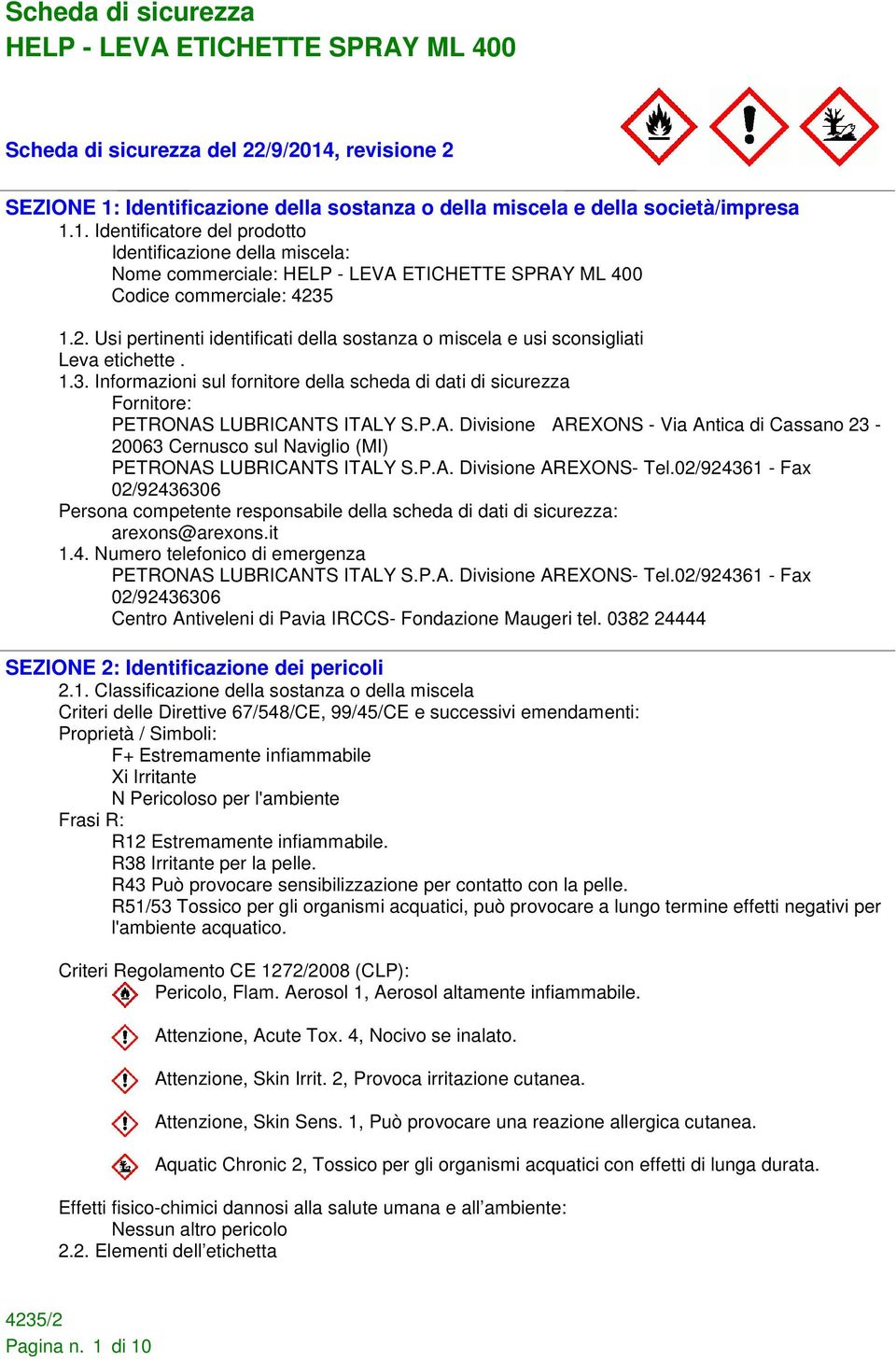 LUBRICANTS ITALY S.P.A. Divisione AREXONS - Via Antica di Cassano 23-20063 Cernusco sul Naviglio (MI) PETRONAS LUBRICANTS ITALY S.P.A. Divisione AREXONS- Tel.