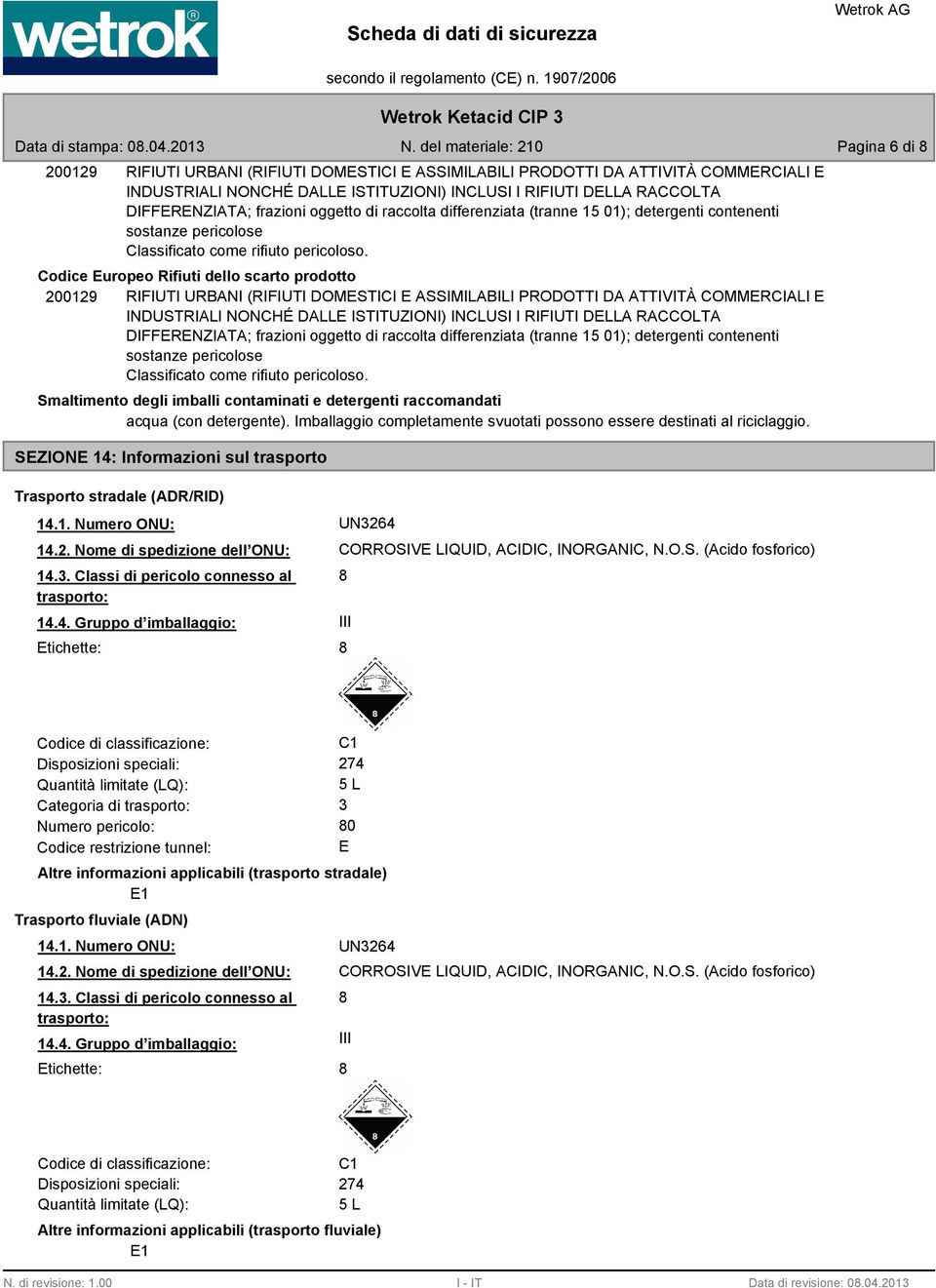 Codice Europeo Rifiuti dello scarto prodotto 200129 RIFIUTI URBANI (RIFIUTI DOMESTICI E ASSIMILABILI PRODOTTI DA ATTIVITÀ COMMERCIALI E INDUSTRIALI NONCHÉ DALLE ISTITUZIONI) INCLUSI I RIFIUTI DELLA