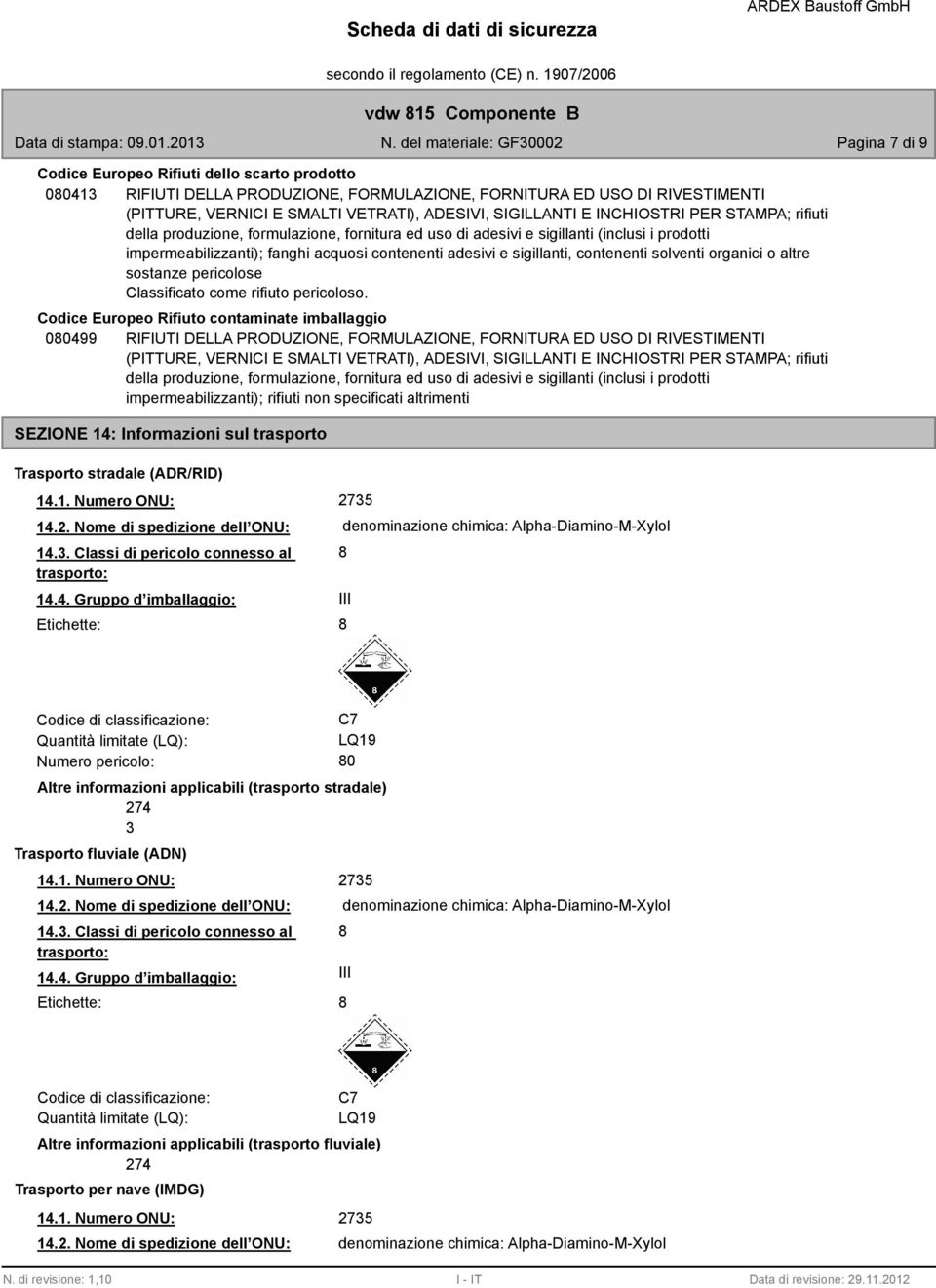 contenenti solventi organici o altre sostanze pericolose Classificato come rifiuto pericoloso.