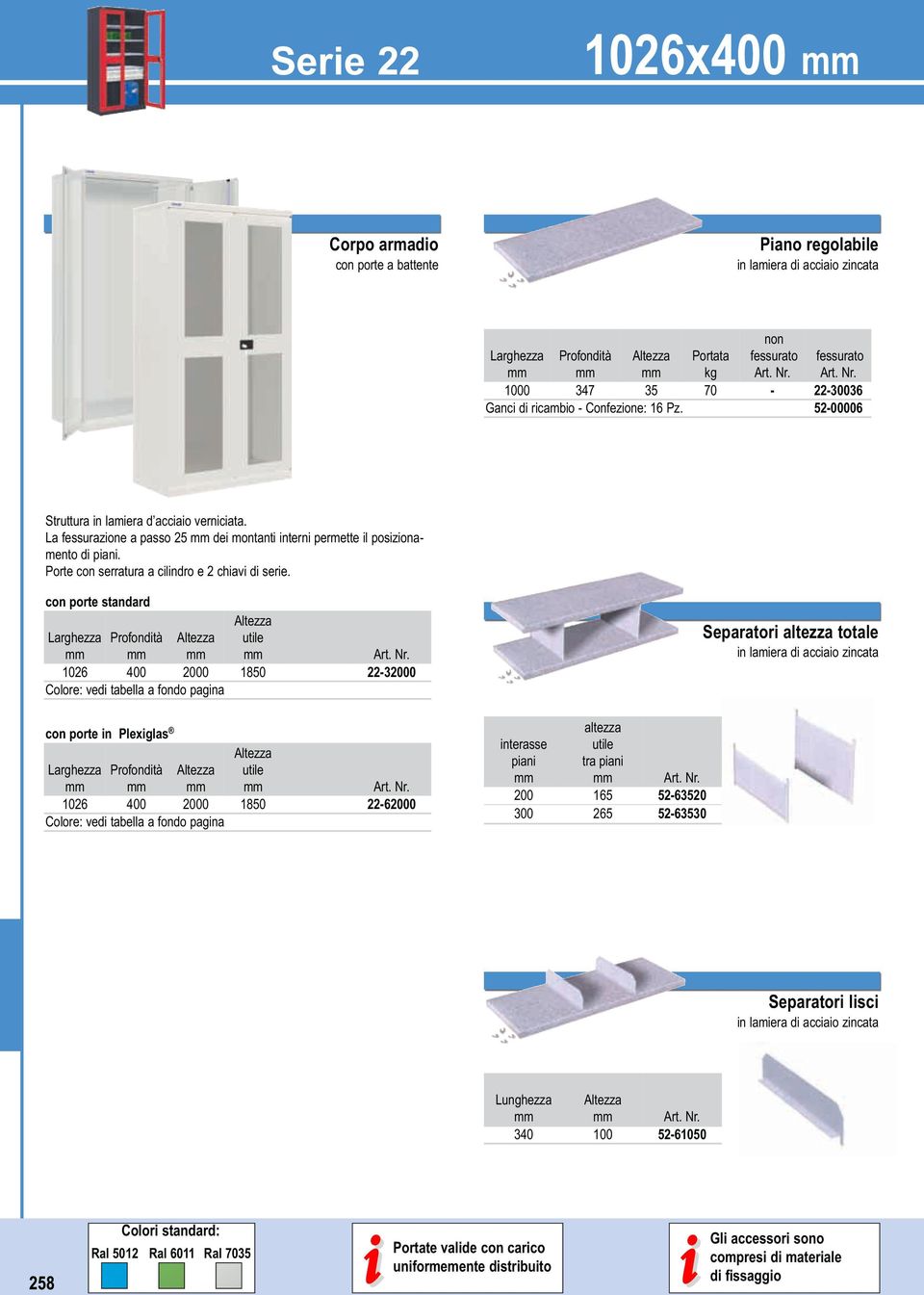 con porte standard Profondtà 1026 400 2000 Colore: ved tabella a fondo pagna 1850 22-32000 Separator altezza totale con porte n Plexglas Profondtà 1026 400 2000 Colore: ved tabella