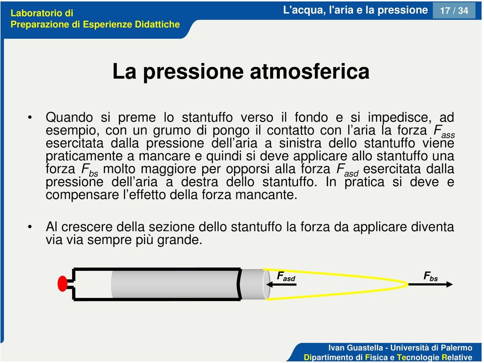 applicare allo stantuffo una forza F bs molto maggiore per opporsi alla forza F asd esercitata dalla pressione dell aria a destra dello stantuffo.