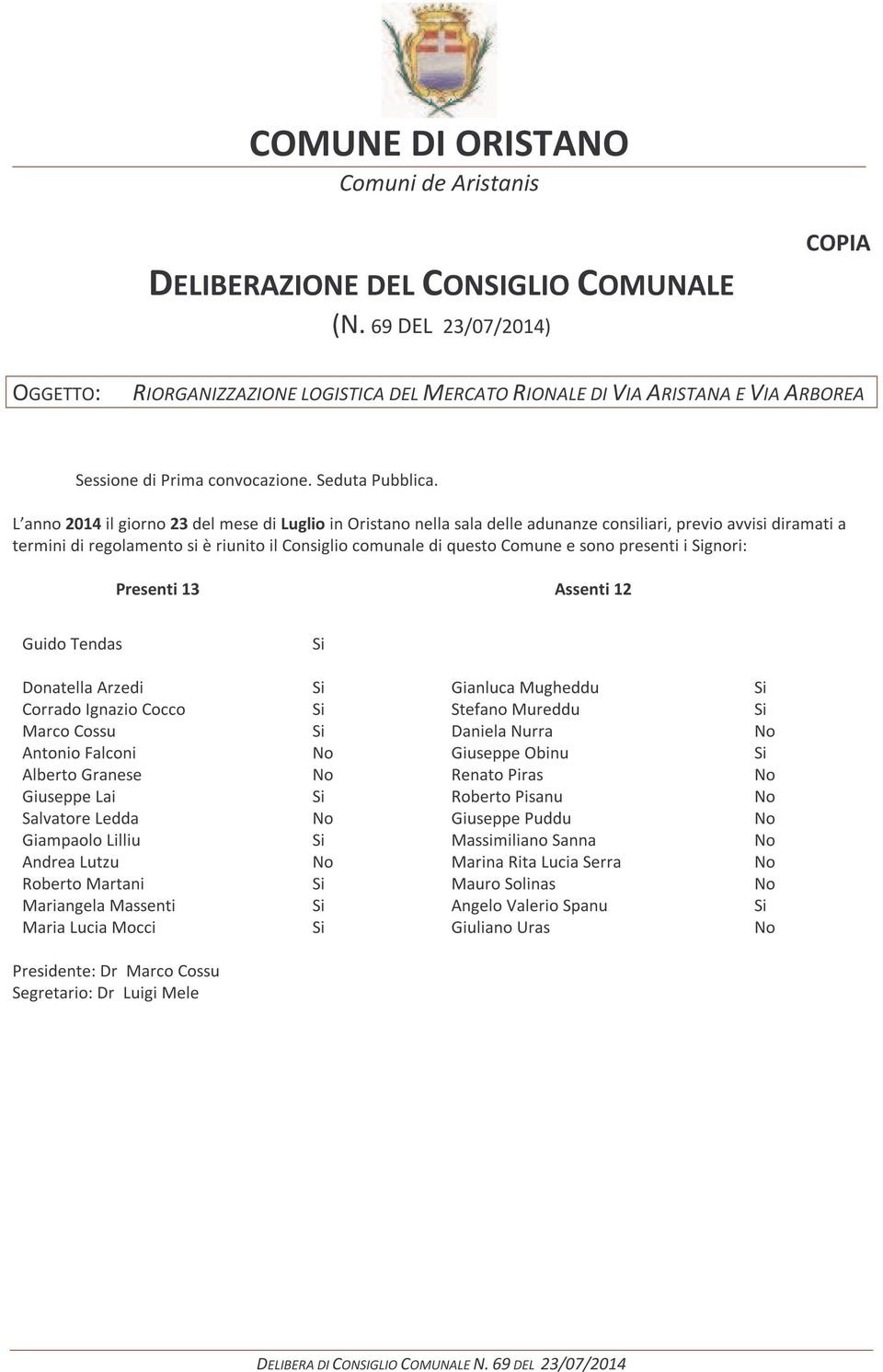 L anno 2014 il giorno 23 del mese di Luglio in Oristano nella sala delle adunanze consiliari, previo avvisi diramati a termini di regolamento si è riunito il Consiglio comunale di questo Comune e