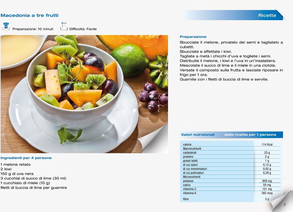 Versate il composto sulla frutta e lasciate riposare in frigo per 1 ora. Guarnite con i filetti di buccia di lime e servite.