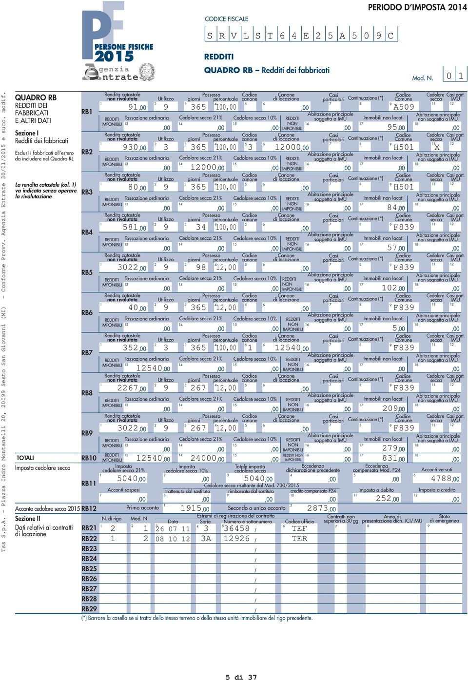 QUADRO RB Rendita catastale non rivalutata Utilizzo Possesso giorni percentuale canone Canone di locazione Casi particolari Continuazione (*) Comune Cedolare Casi part.