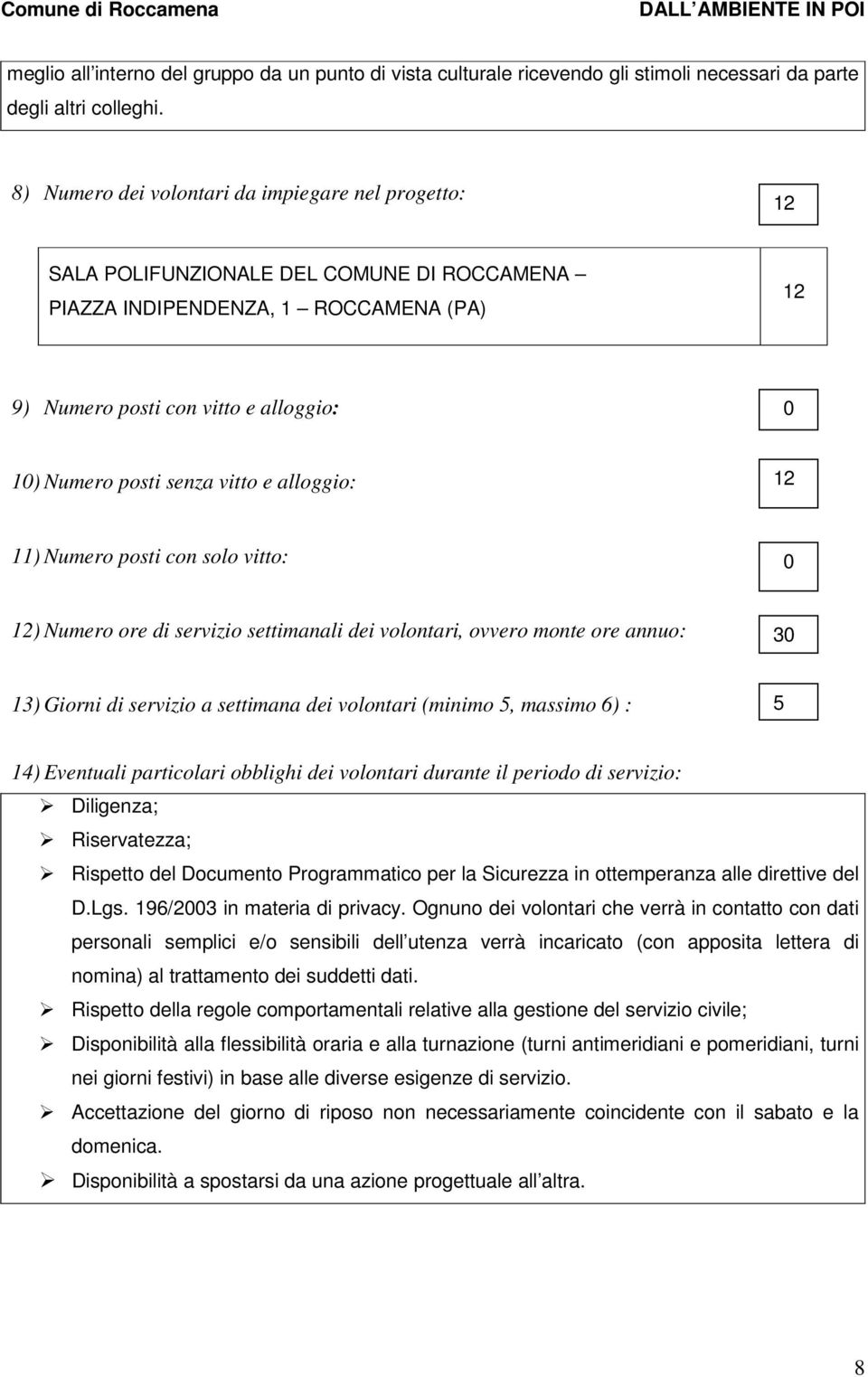 senza vitto e alloggio: 12 11) Numero posti con solo vitto: 0 12) Numero ore di servizio settimanali dei volontari, ovvero monte ore annuo: 30 13) Giorni di servizio a settimana dei volontari (minimo