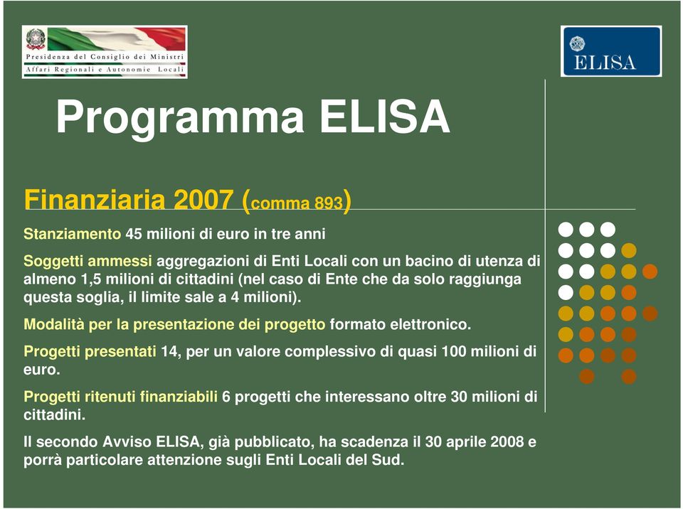 Modalità per la presentazione dei progetto formato elettronico. Progetti presentati 14, per un valore complessivo di quasi 100 milioni di euro.