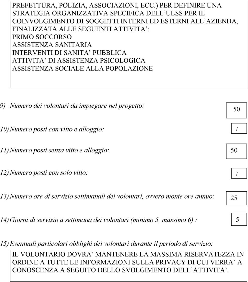 SANITARIA INTERVENTI DI SANITA PUBBLICA ATTIVITA DI ASSISTENZA PSICOLOGICA ASSISTENZA SOCIALE ALLA POPOLAZIONE 9) Numero dei volontari da impiegare nel progetto: 50 0) Numero posti con vitto e