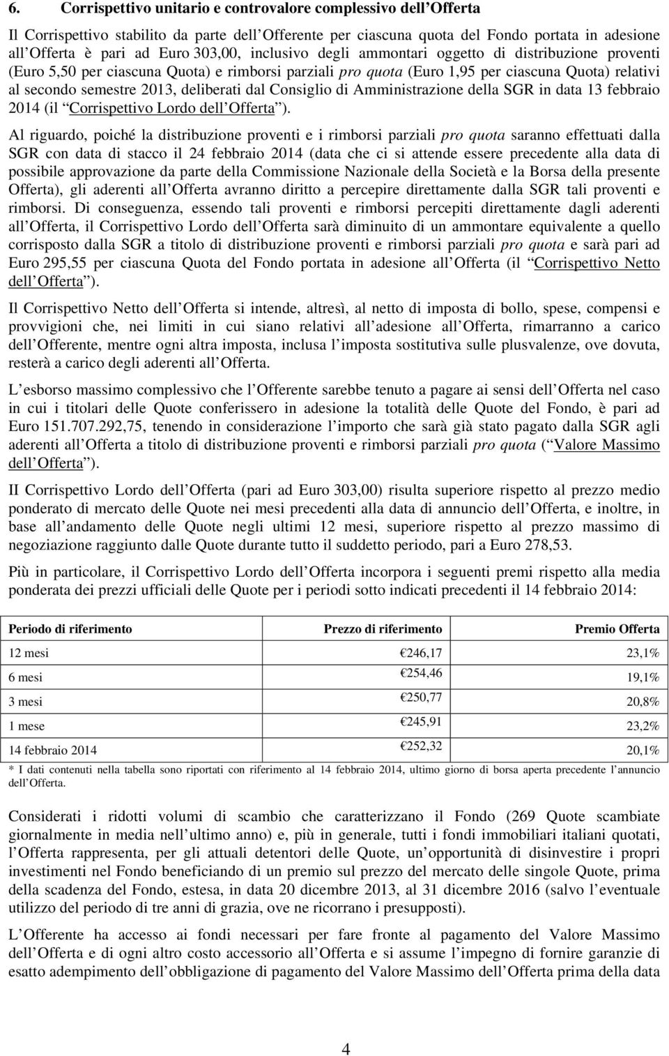 deliberati dal Consiglio di Amministrazione della SGR in data 13 febbraio 2014 (il Corrispettivo Lordo dell Offerta ).