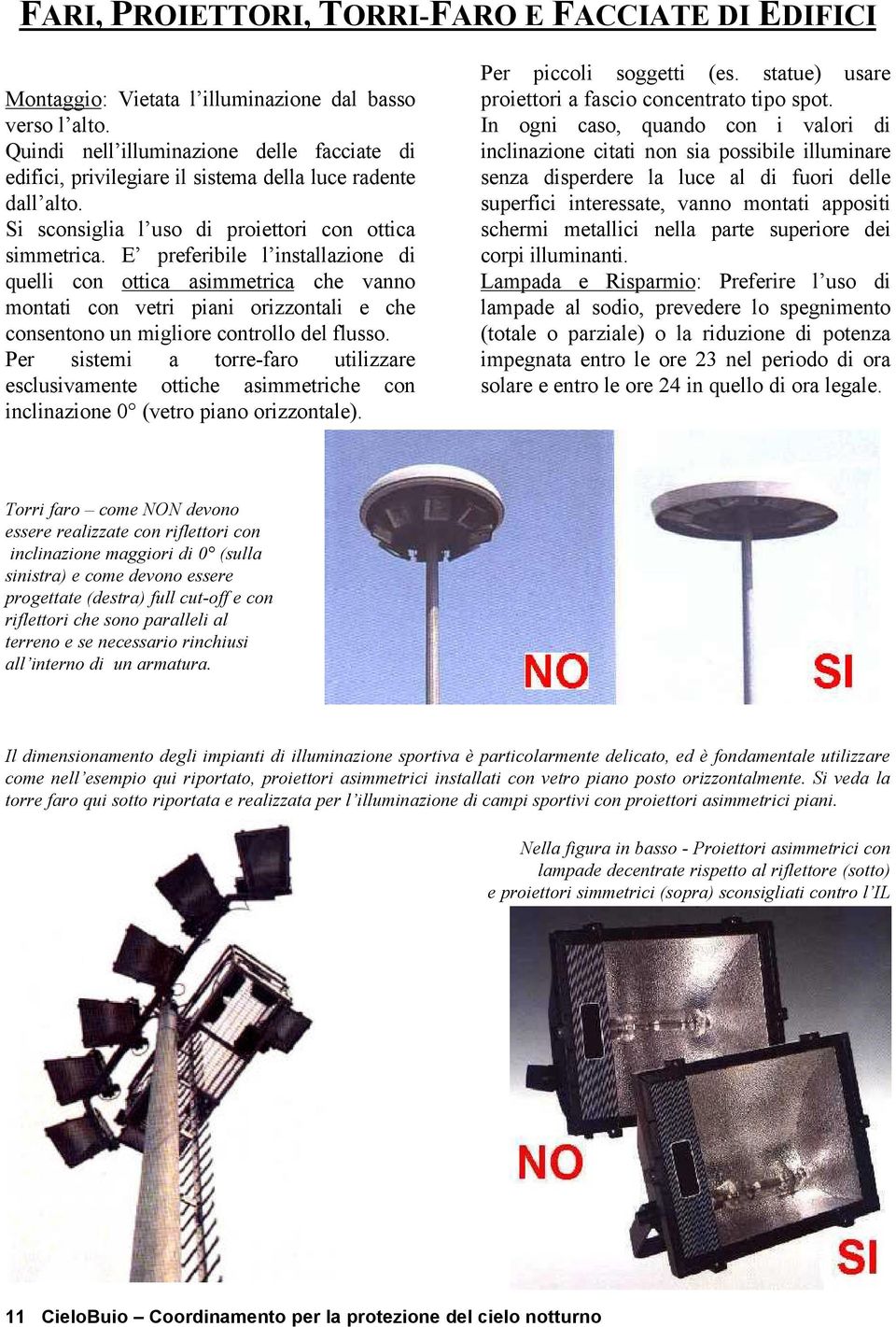 E preferibile l installazione di quelli con ottica asimmetrica che vanno montati con vetri piani orizzontali e che consentono un migliore controllo del flusso.