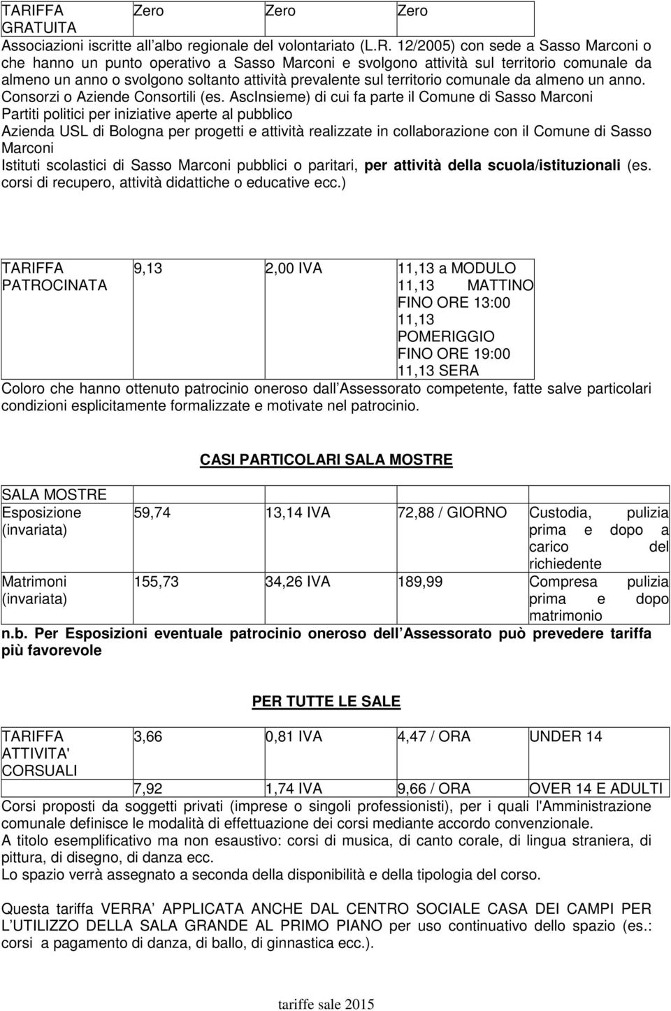 AscInsieme) di cui fa parte il Comune di Sasso Marconi Partiti politici per iniziative aperte al pubblico Azienda USL di Bologna per progetti e attività realizzate in collaborazione con il Comune di