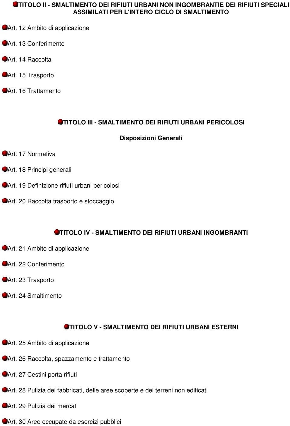 19 Definizione rifiuti urbani pericolosi Art. 20 Raccolta trasporto e stoccaggio TITOLO IV - SMALTIMENTO DEI RIFIUTI URBANI INGOMBRANTI Art. 21 Ambito di applicazione Art. 22 Conferimento Art.