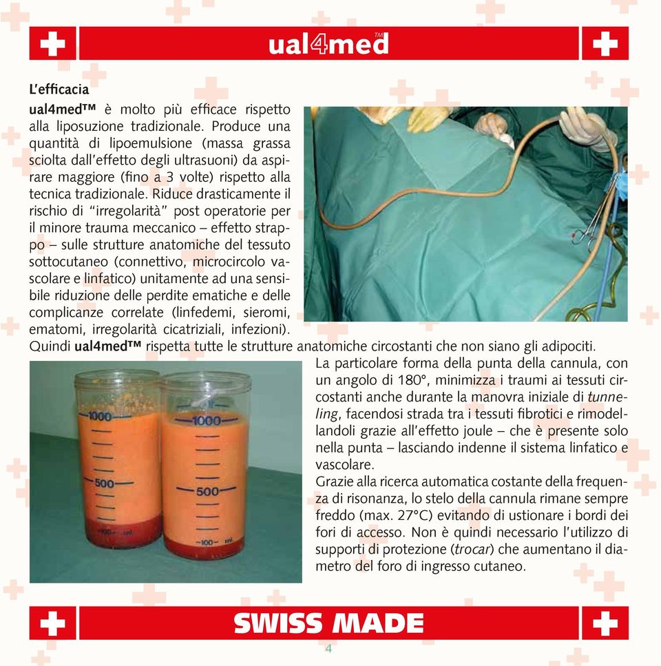 Riduce drasticamente il rischio di irregolarità post operatorie per il minore trauma meccanico effetto strappo sulle strutture anatomiche del tessuto sottocutaneo (connettivo, microcircolo vascolare