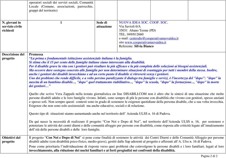 it sito www.cooperativanuovaidea.it Referente: Silvia Bianco Descrizione del progetto Premessa La prima e fondamentale istituzione assistenziale italiana è la famiglia.