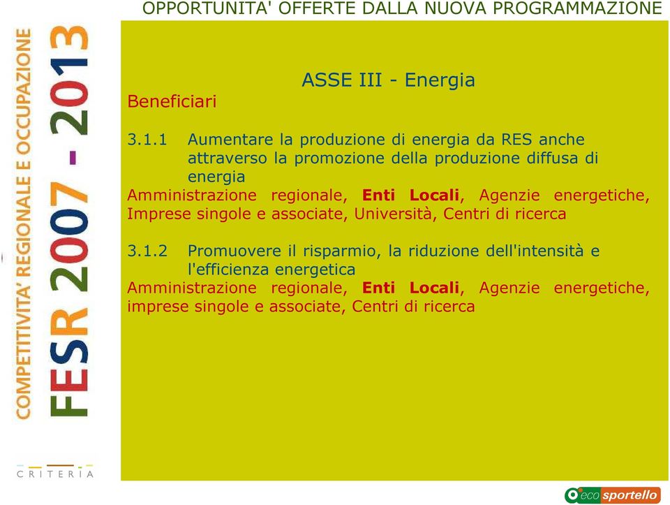 Amministrazione regionale, Enti Locali, Agenzie energetiche, Imprese singole e associate, Università, Centri di