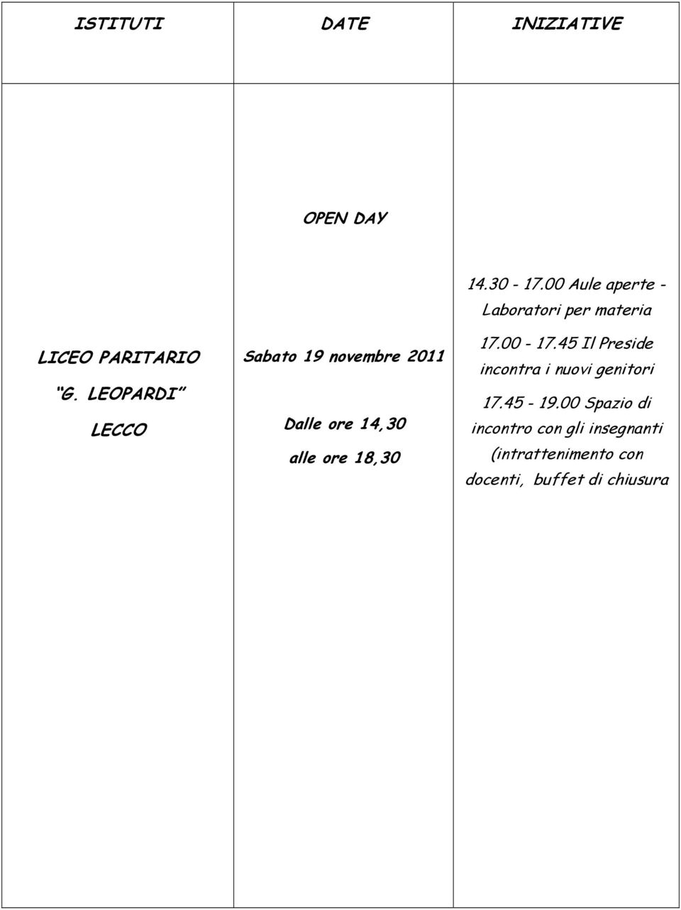 00-17.45 Il Preside incontra i nuovi genitori 17.45-19.