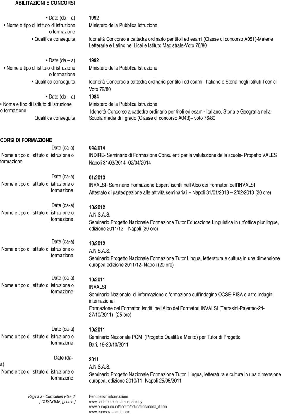 Concorso a cattedra ordinario per titoli ed esami- Italiano, Storia e Geografia nella Qualifica conseguita Scuola media di I grado (Classe di concorso A043) voto 76/80 CORSI DI FORMAZIONE 04/2014