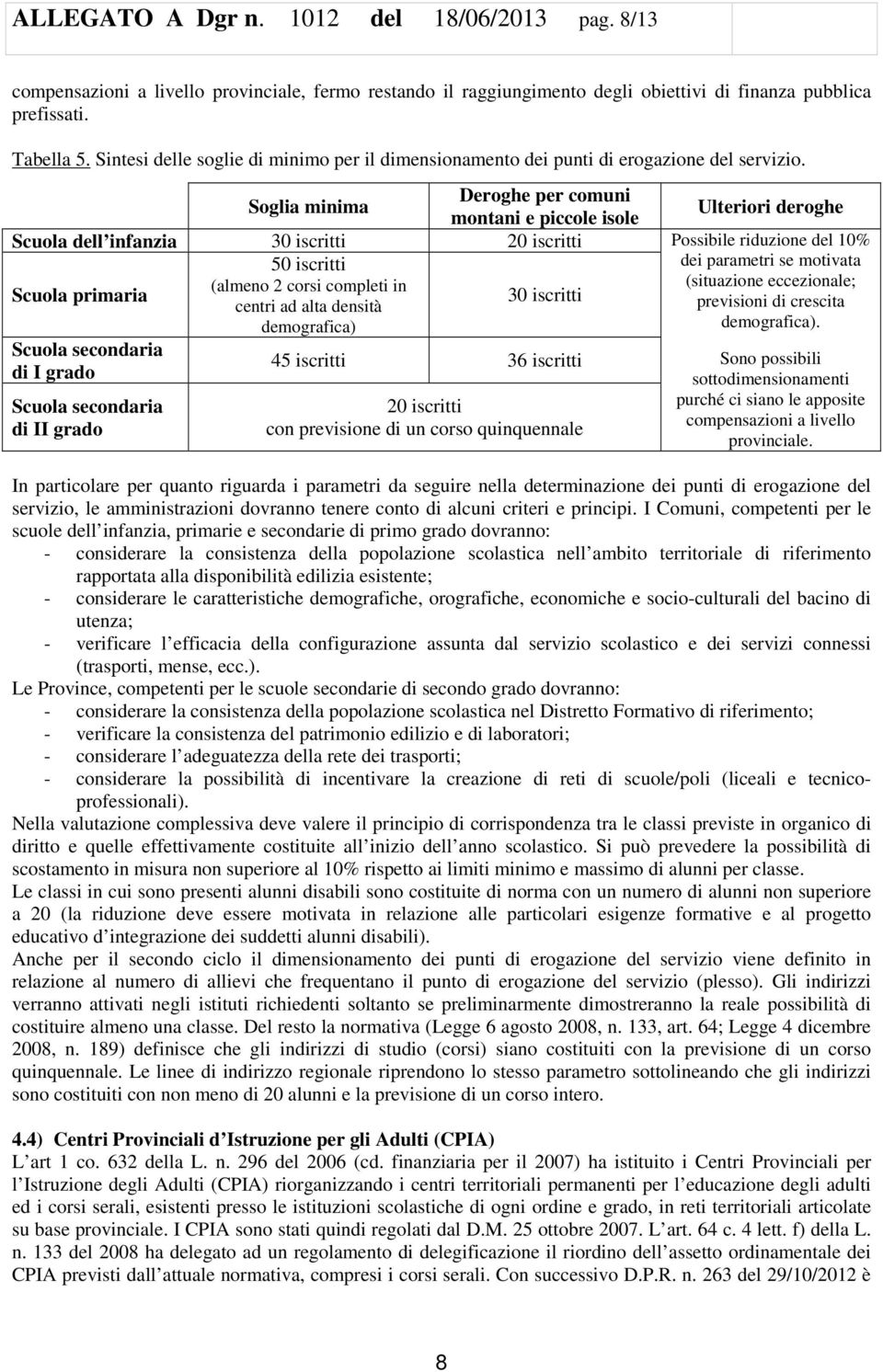 Soglia minima Deroghe per comuni montani e piccole isole Scuola dell infanzia 30 iscritti 20 iscritti 50 iscritti (almeno 2 corsi completi in Scuola primaria centri ad alta densità 30 iscritti