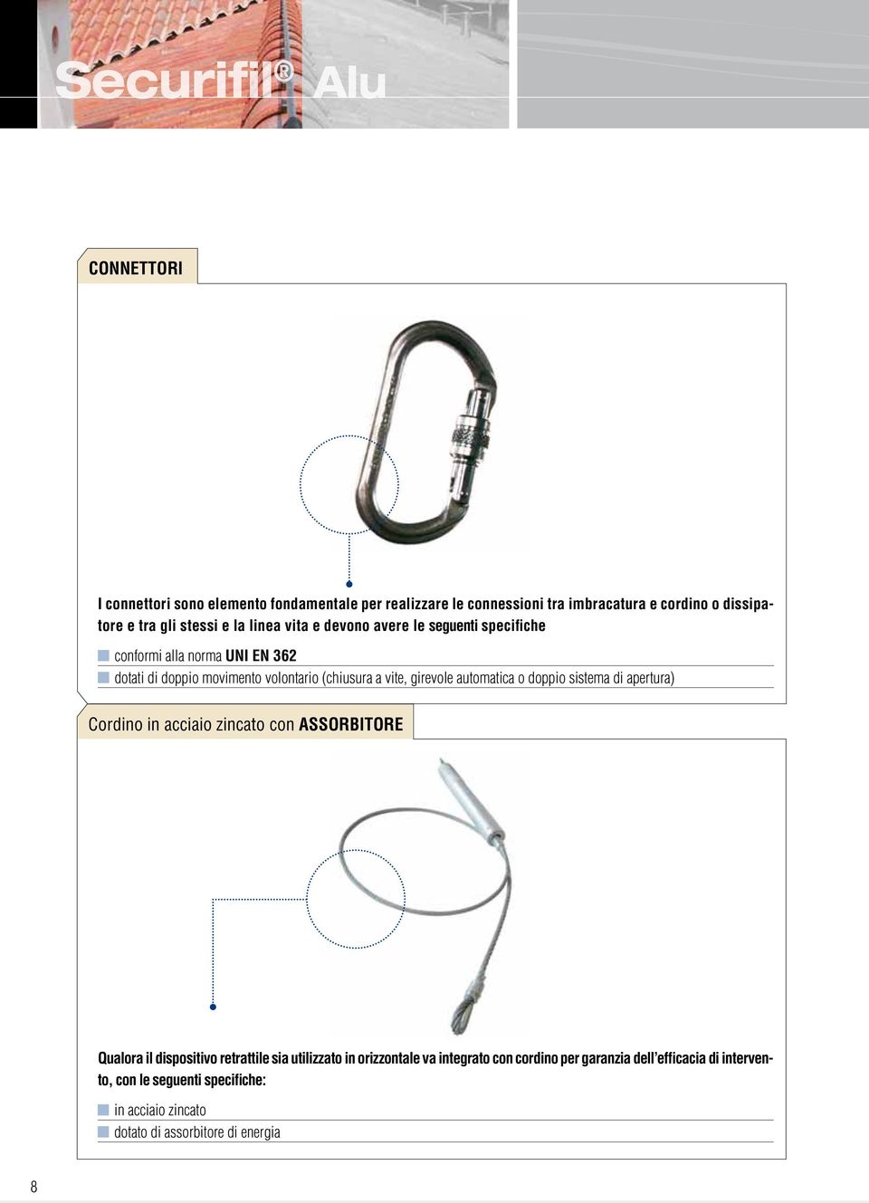 automatica o doppio sistema di apertura) Cordino in acciaio zincato con ASSORBITORE Qualora il dispositivo retrattile sia utilizzato in