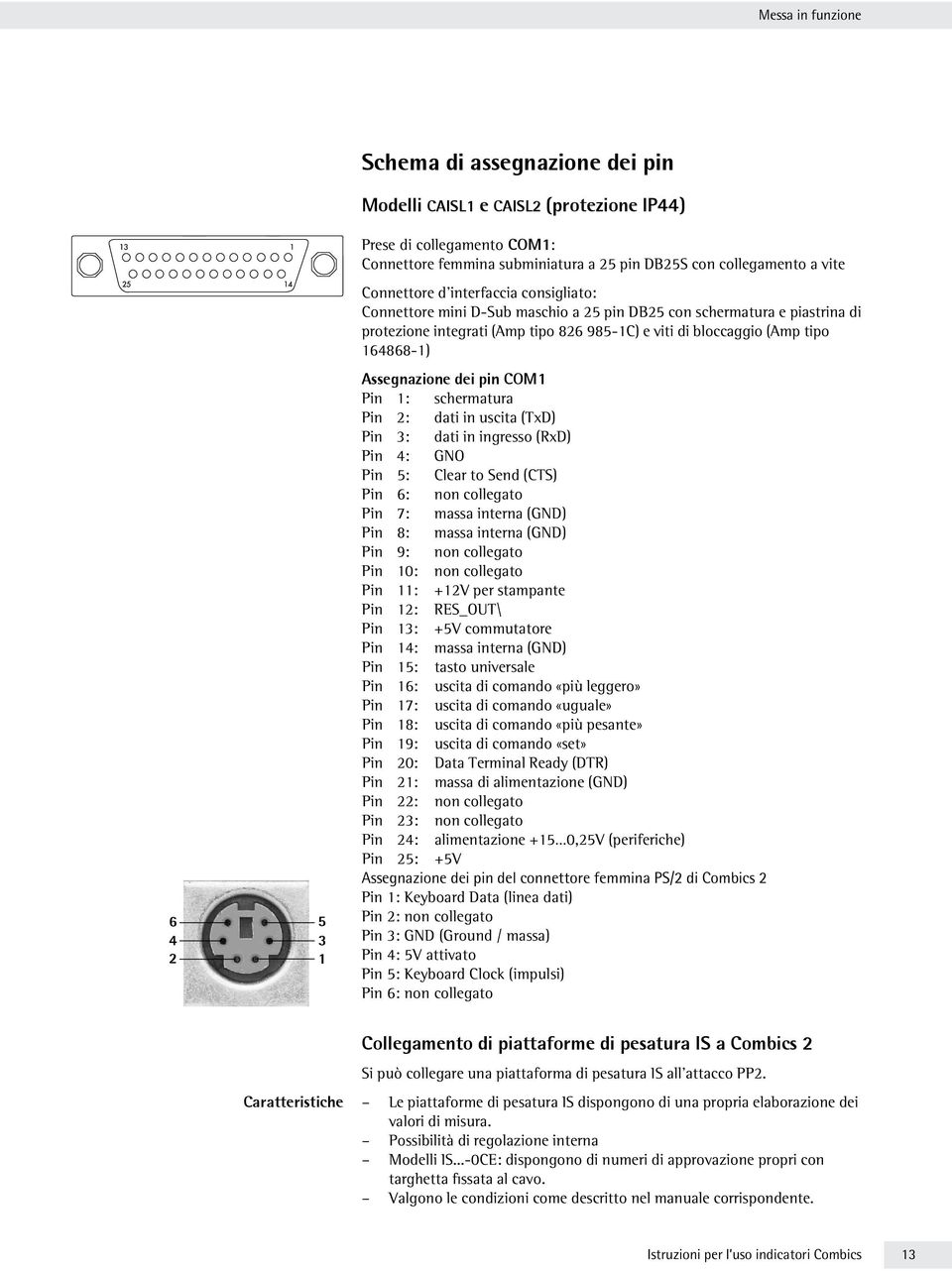 164868-1) Assegnazione dei pin COM1 Pin 1: schermatura Pin 2: dati in uscita (TxD) Pin 3: dati in ingresso (RxD) Pin 4: GNO Pin 5: Clear to Send (CTS) Pin 6: non collegato Pin 7: massa interna (GND)