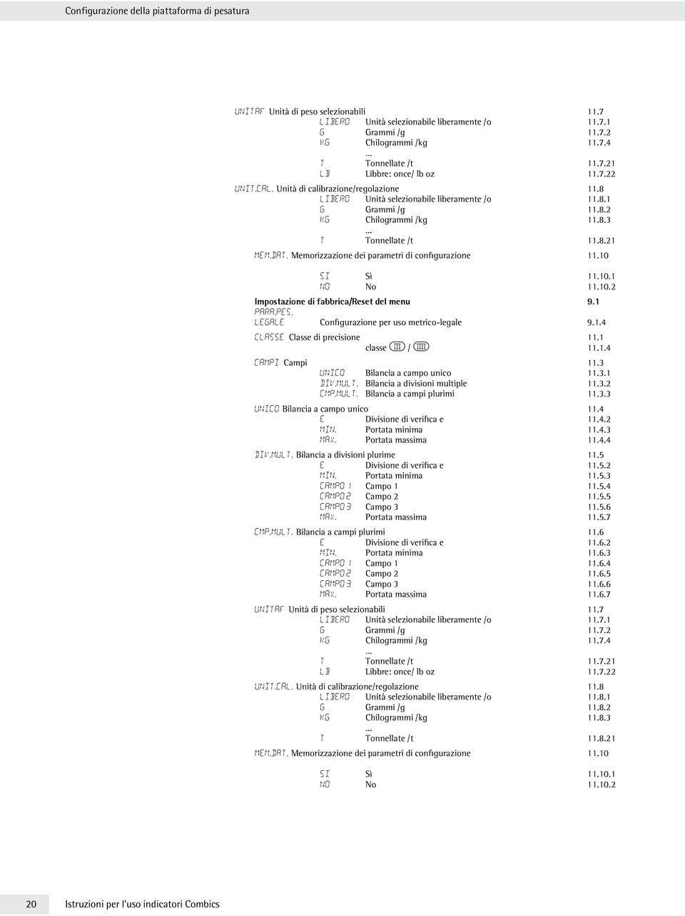 Memorizzazione dei parametri di configurazione 11.10 si Sì 11.10.1 no No 11.10.2 Impostazione di fabbrica/reset del menu 9.1 para.pes. legale Configurazione per uso metrico-legale 9.1.4 classe Classe di precisione 11.