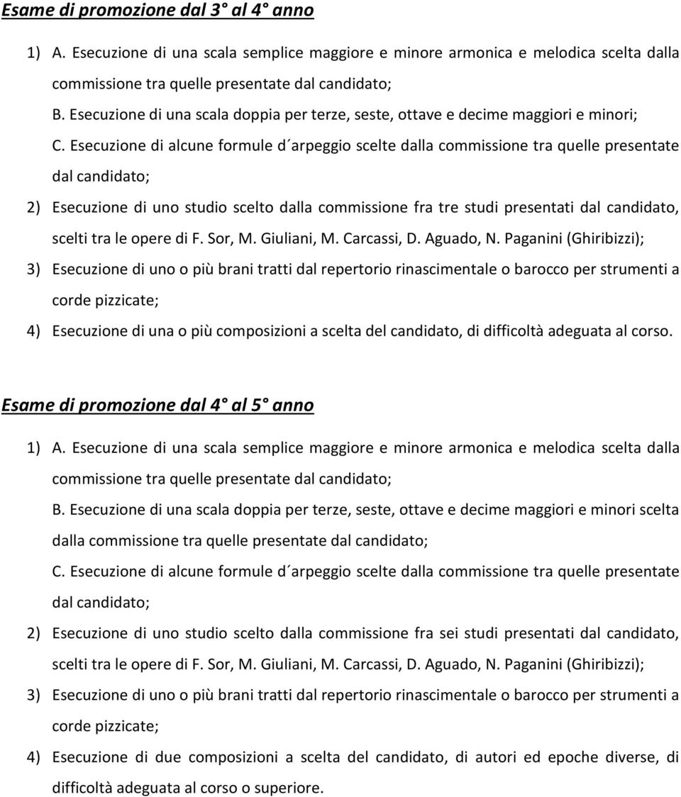 Esecuzione di alcune formule d arpeggio scelte dalla commissione tra quelle presentate dal candidato; 2) Esecuzione di uno studio scelto dalla commissione fra tre studi presentati dal candidato,