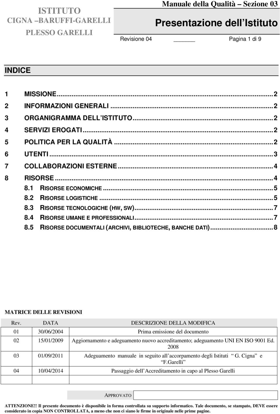 4 RISORSE UMANE E PROFESSIONALI... 7 8.5 RISORSE DOCUMENTALI (ARCHIVI, BIBLIOTECHE, BANCHE DATI)... 8 MATRICE DELLE REVISIONI Rev.