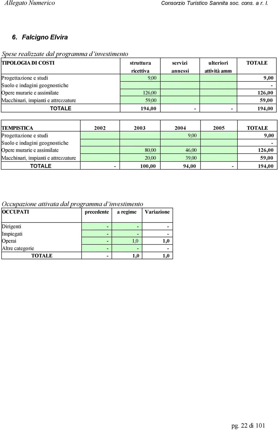 Progettazione e studi 9,00 9,00 Suolo e indagini geognostiche - Opere murarie e assimilate 80,00 46,00 126,00 Macchinari, impianti e attrezzature 20,00 39,00 59,00 TOTALE - 100,00