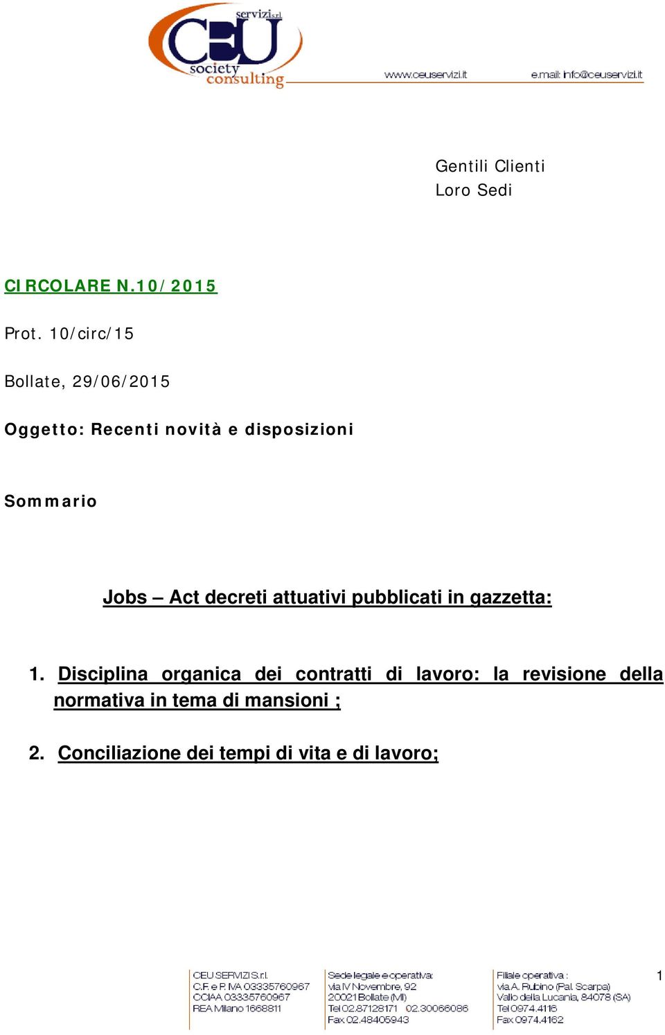 Jobs Act decreti attuativi pubblicati in gazzetta: 1.