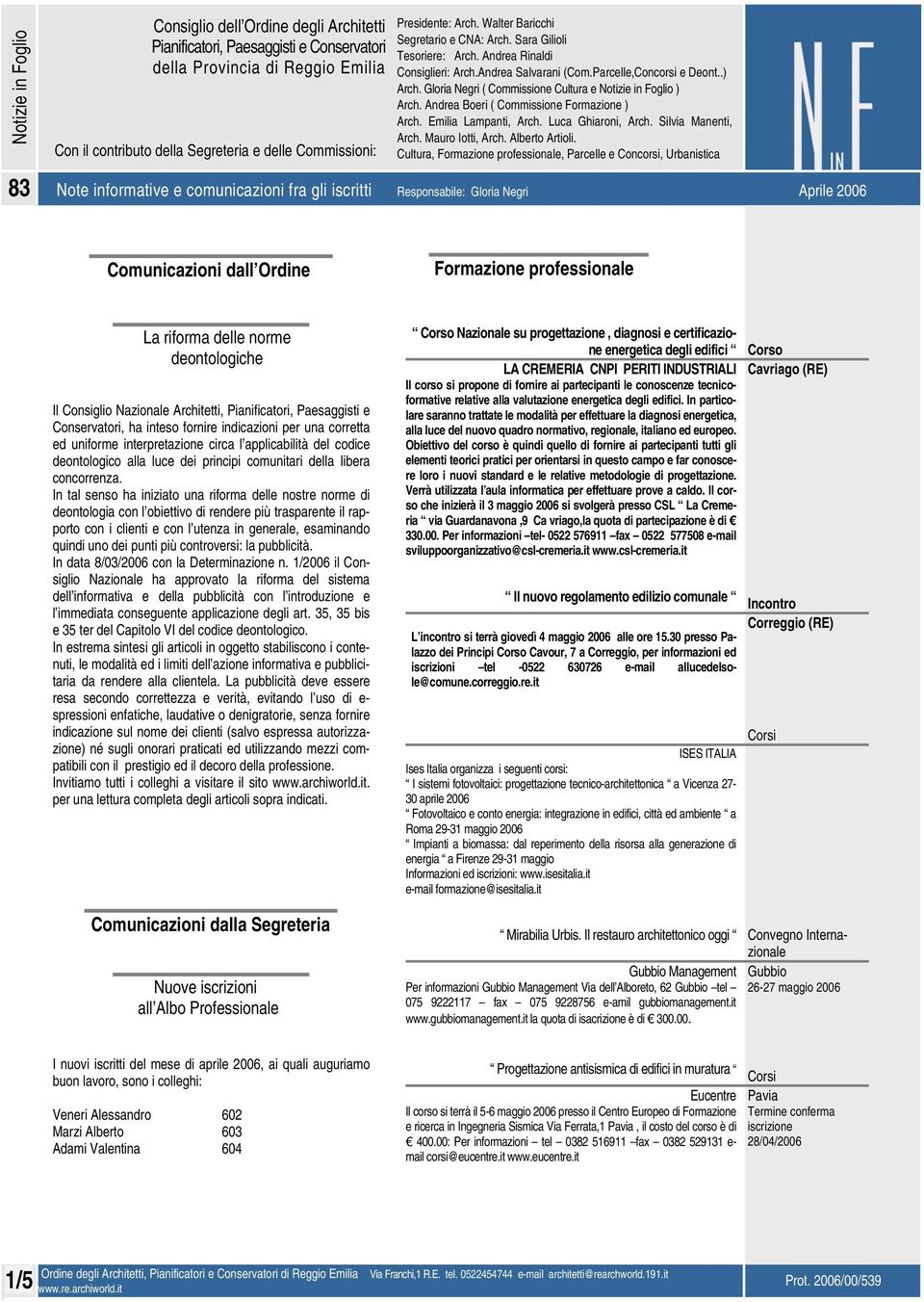 Gloria Negri ( Commissione Cultura e Notizie in Foglio ) Arch. Andrea Boeri ( Commissione Formazione ) Arch. Emilia Lampanti, Arch. Luca Ghiaroni, Arch. Silvia Manenti, Arch. Mauro Iotti, Arch.