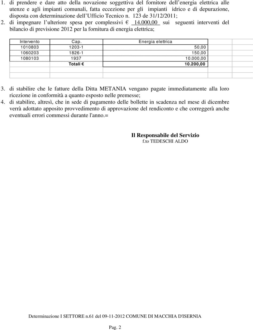 000,00 sui seguenti interventi del bilancio di previsione 2012 per la fornitura di energia elettrica; Intervento Cap. Energia elettrica 1010803 1203-1 50,00 1060203 1826-1 150,00 1080103 1937 10.