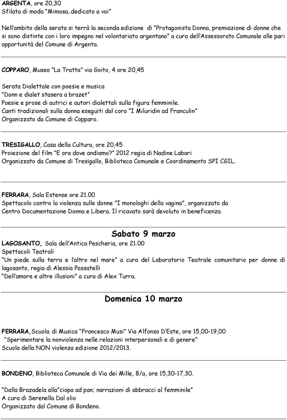 Assessorato Comunale alle pari opportunità del Comune di Argenta.