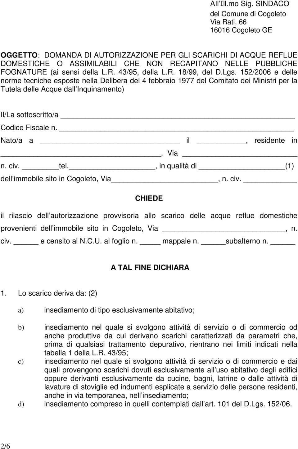 FOGNATURE (ai sensi della L.R. 43/95, della L.R. 18/99, del D.Lgs.