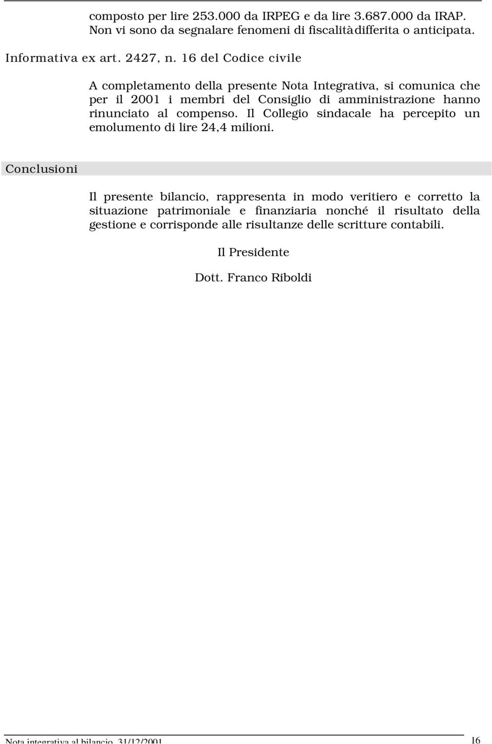 Il Collegio sindacale ha percepito un emolumento di lire 24,4 milioni.