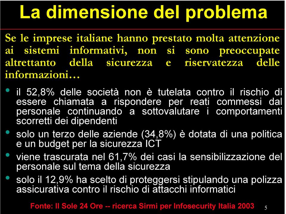 dei dipendenti solo un terzo delle aziende (34,8%) è dotata di una politica e un budget per la sicurezza ICT viene trascurata nel 61,7% dei casi la sensibilizzazione del personale sul tema