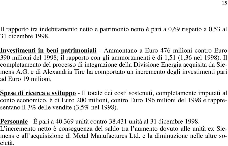 Il completamento del processo di integrazione della Divisione Energia acquisita da Siemens A.G. e di Alexandria Tire ha comportato un incremento degli investimenti pari ad Euro 19 milioni.