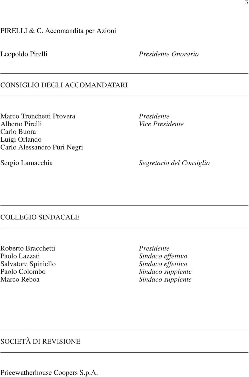Pirelli Carlo Buora Luigi Orlando Carlo Alessandro Puri Negri Sergio Lamacchia Presidente Vice Presidente Segretario del