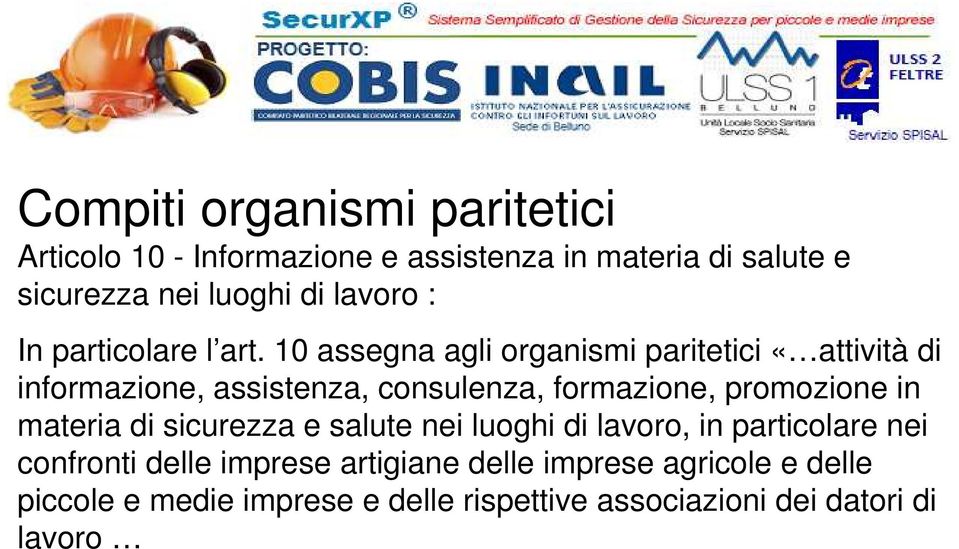 10 assegna agli organismi paritetici «attività di informazione, assistenza, consulenza, formazione, promozione in