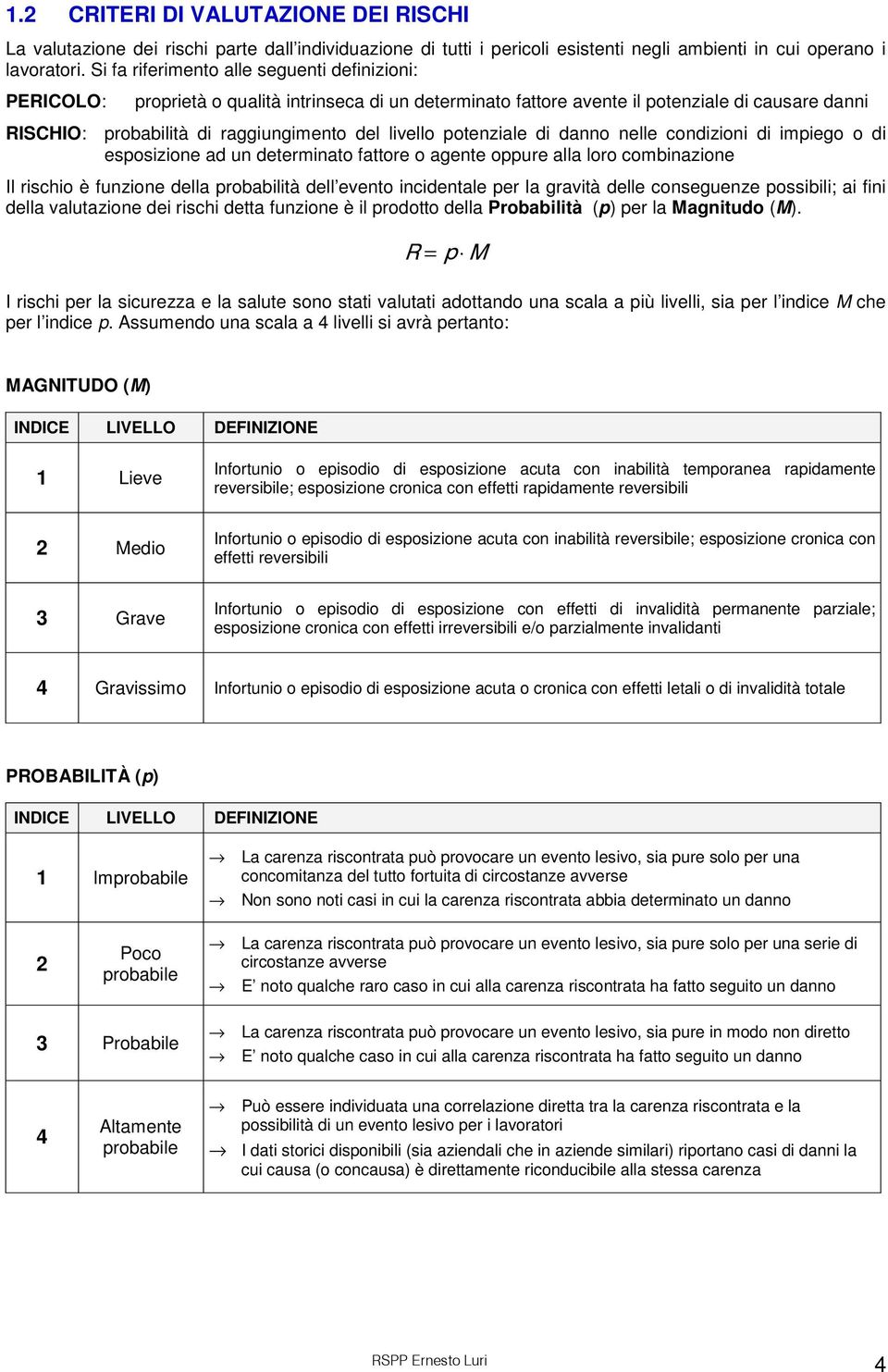 livello potenziale di danno nelle condizioni di impiego o di esposizione ad un determinato fattore o agente oppure alla loro combinazione Il rischio è funzione della probabilità dell evento