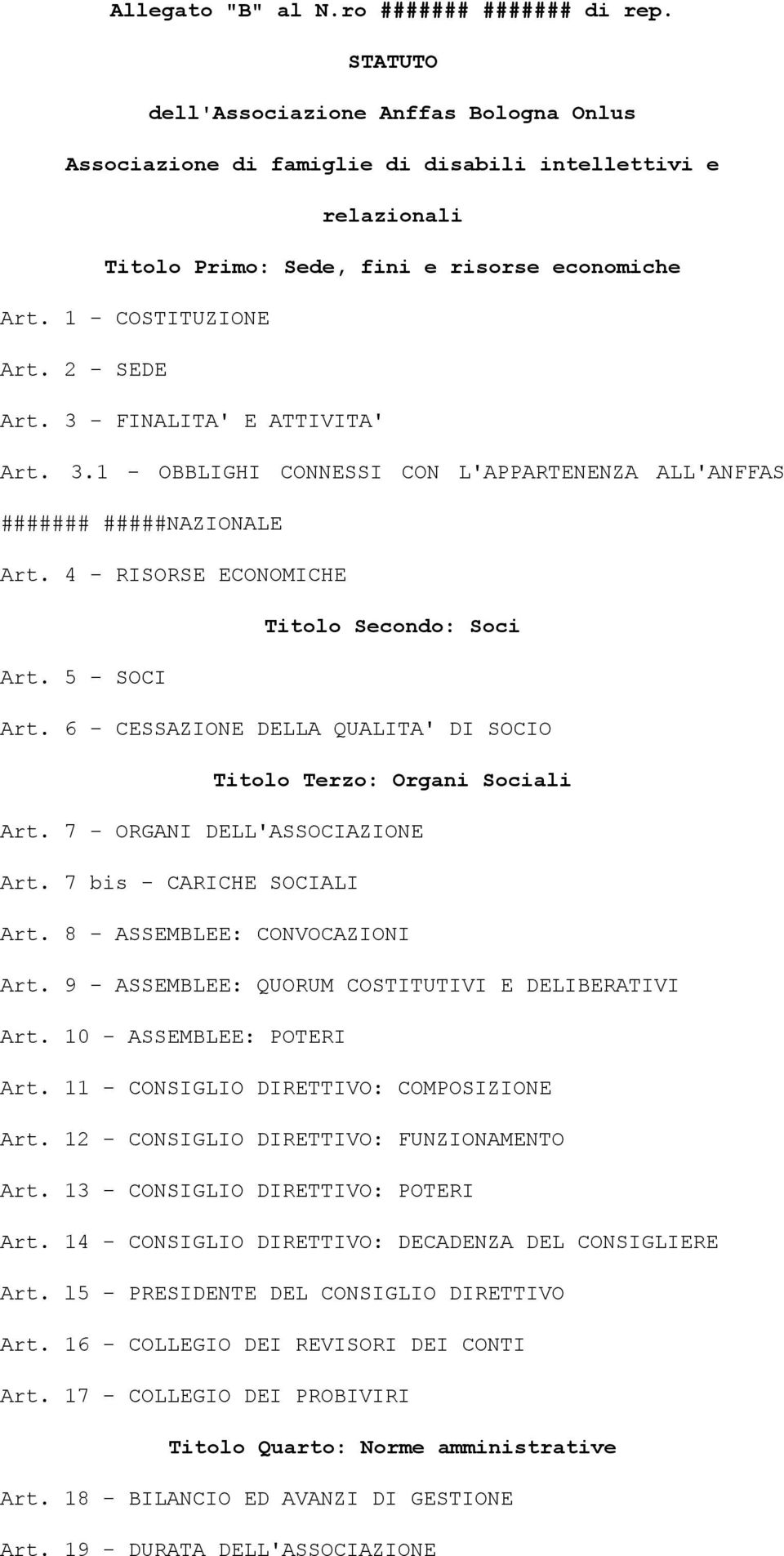 3 - FINALITA' E ATTIVITA' Art. 3.1 - OBBLIGHI CONNESSI CON L'APPARTENENZA ALL'ANFFAS ####### #####NAZIONALE Art. 4 - RISORSE ECONOMICHE Titolo Secondo: Soci Art. 5 - SOCI Art.