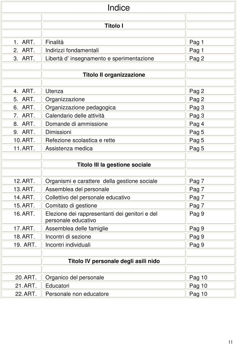 ART. Organismi e carattere della gestione sociale Pag 7 13. ART. Assemblea del personale Pag 7 14. ART. Collettivo del personale educativo Pag 7 15. ART. Comitato di gestione Pag 7 16. ART. Elezione dei rappresentanti dei genitori e del Pag 9 personale educativo 17.