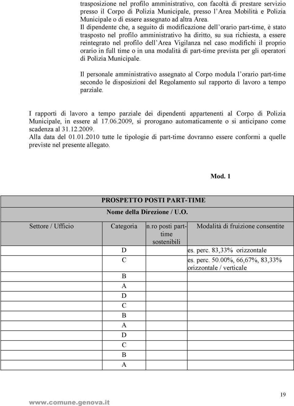 nel caso modifichi il proprio orario in full time o in una modalità di part-time prevista per gli operatori di Polizia Municipale.