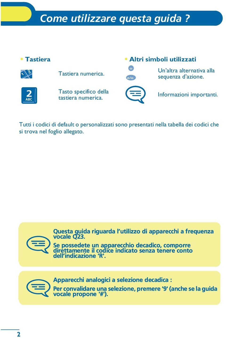 Tutti i codici di default o personalizzati sono presentati nella tabella dei codici che si trova nel foglio allegato.