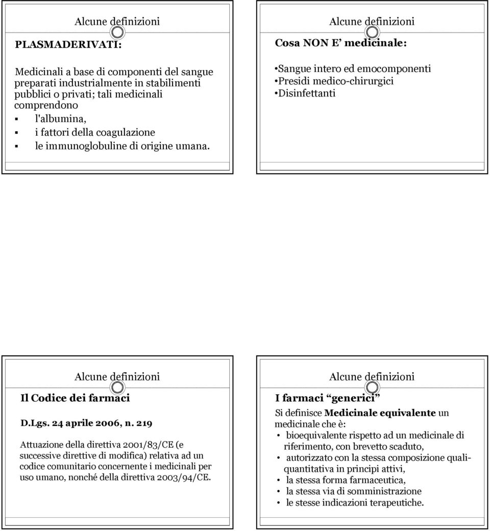 Alcune definizioni Cosa NON E medicinale: Sangue intero ed emocomponenti Presidi medico-chirurgici Disinfettanti Alcune definizioni Il Codice dei farmaci D.Lgs. 24 aprile 2006, n.