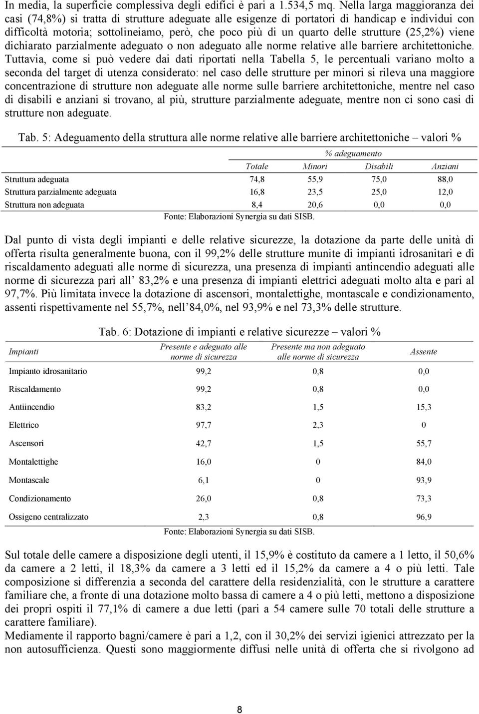 delle strutture (25,2%) viene dichiarato parzialmente adeguato o non adeguato alle norme relative alle barriere architettoniche.