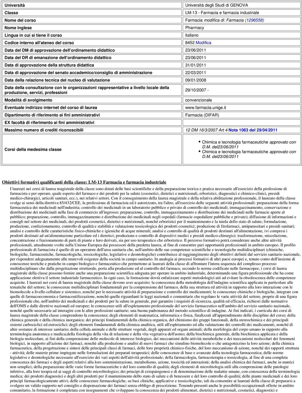 approvazione della struttura didattica 31/01/2011 Data di approvazione del senato accademico/consiglio di amistrazione 22/03/2011 Data della relazione tecnica del nucleo di valutazione 09/01/2008