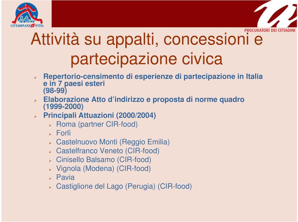 Principali Attuazioni (2000/2004) Roma (partner CIR-food) Forlì Castelnuovo Monti (Reggio Emilia) Castelfranco